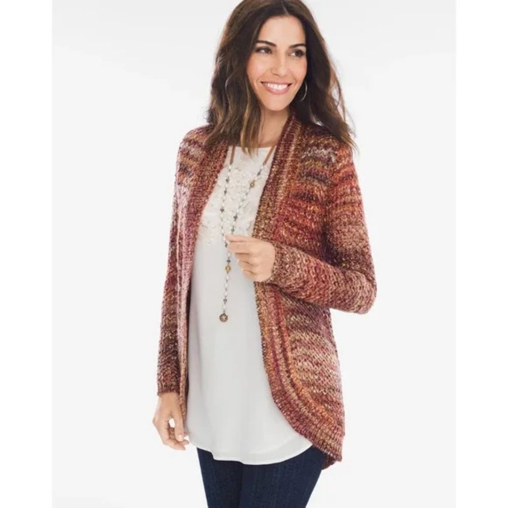 Chico's Womens Sweater Cardigan Marled Yarn Open Front Open Knit Red